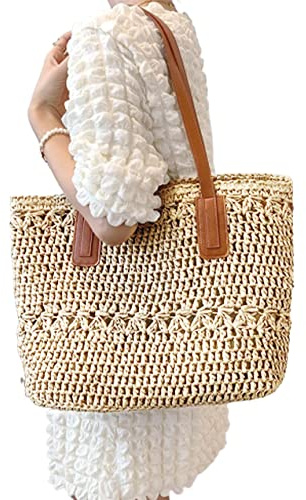 Bolsa de playa de paja Mujeres Bolso de pecho bolso de verano Bolsa de playa Bolsa de bolsas de bolsas de playa Bolso de hombro tejido para elementos esenciales de vacaciones de verano Beige