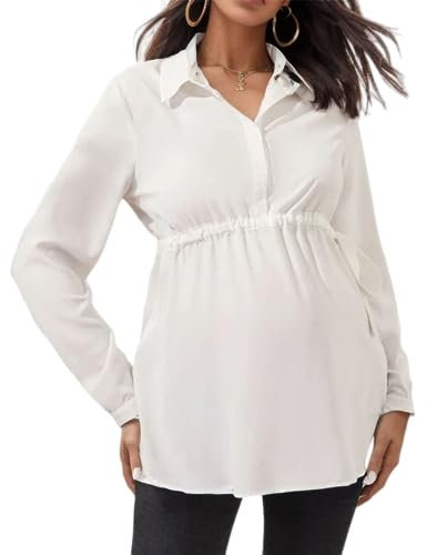 Vuncio Umstandshemd Lang Festlich Umstandsbluse Langarm V-Ausschnitt Winter Mutterschaft Top Stilloberteil Damen Große Größen Elegant Umstandsmode Umstandsshirt Top (Weiß, M)
