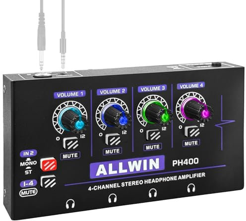 ALLWIN Amplificateur de Casque, 4 Canaux Headphone Amplifier Mono/stéréo Mini Amplifier 3.5&6.35mm 1in4out, pour Petits Groupes/Clubs/Bars/Matériel de scène