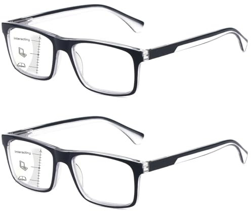 Missfive 2-Pack Mens Light Multifocus Progressive Reading Glasses Blue Light Blocking, Multifocal Spring Hinge No-Line Trifocal Readers Black Eyeglasses(Workspace For Near Range, +2.5)
