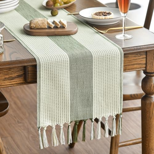 Artoid Mode Boho Salbei Grün Landhausstil Bauernhaus Stil Quasten Tischläufer, Waschbar Tisch Dekoration Party Geburtstag Hochzeit Dekor 33x183 cm