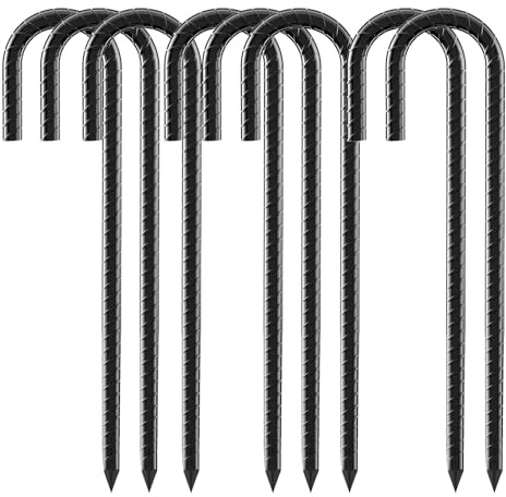 12 Inch Rebar Stakes, 8 Pack J Hook Heavy Duty Ground Stakes for Canopy Tent Trampoline and Chain Link Fence Rust Proof Coated Steel Ground Stakes Ground Anchors (Black)