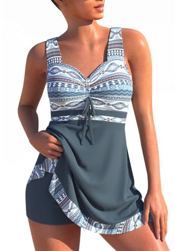 Minetom Maillot de Bain Robe Tankini Amincissant Push Up Bikini à Jupette Tankini Ensembles Maillots Set Beachwear 2 Pieces E Gris L
