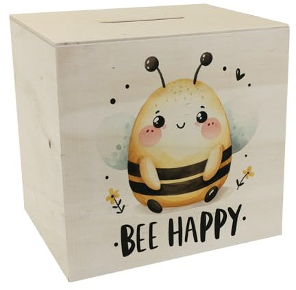 Biene Bee Happy Spardose aus Holz Niedliche Dicke Biene im Zeichnungs-Cartoon flauschig und freundlich spart glücklich Ihr Geld
