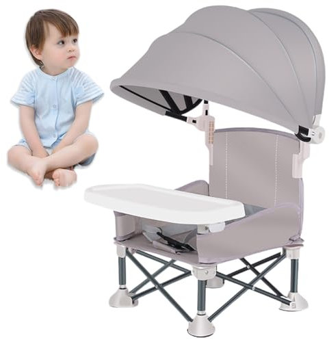 Foldable Baby Travel Seat Booster with Canopy and Removable Tray, Portable Toddler Camping Chair, Portable Dining Table, Camping, Beach, Kitchen Feeding Chairs (Gray)