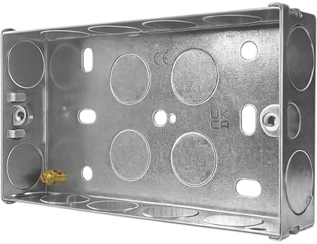 Evoges Double Metal Back Box, 25mm, 2 Gang, 1.0mm Thickness for Electrical Sockets Switches, BS4662 Standard, 20mm Knockouts, Adjustable Lug, Brass Terminal (Pack of 1)