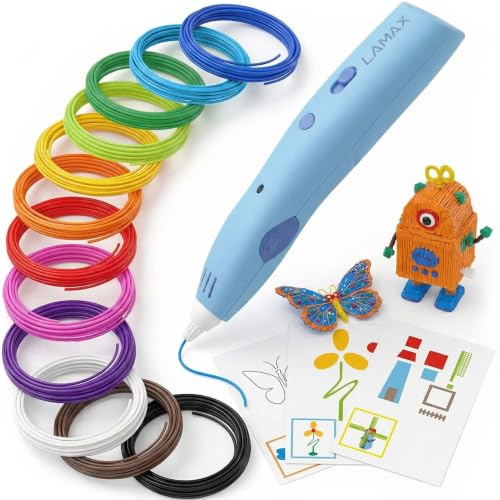LAMAX ArtKid1 Bolígrafo 3D para Niños - Lápiz de Impresión 3D Inalámbrico con TouchSafe, 37 m 12 Colores de Filamento PCL, USB-C, 2 Velocidades, 2 Niñas y 2 Niñas de Temperatura, Regalo Creativo para