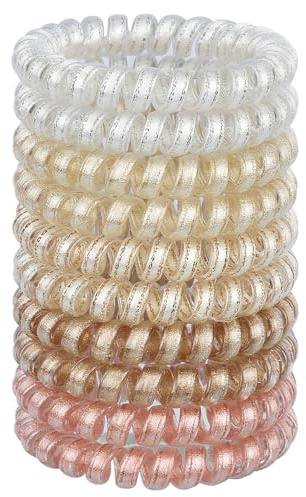 JessLab Spiral Hair Ties, 10 Pcs No-Damage Elastic Bands, Bobbles for Women | Gold Glitter, Small Clear Coils for Thick or Fine Ponytails, Kids and Girls, Water-Resistant for Swimming, Gym, School