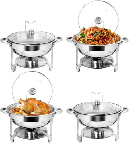 5.5L Chafing Dish Buffet Set - 4 Pcs Round Chafers for Catering with Glass Lid - Stainless Steel Food Warmers Holder Water Food Pan