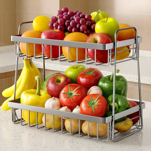 Sakugi Fruit Basket for Kitchen Counter - 2-Tier Fruit Bowl with Removable Banana Hanger & Handles, Rustproof Fruit Holder for Kitchen, Living Room, Bathroom, 13.4×8.7×11.7, Silver
