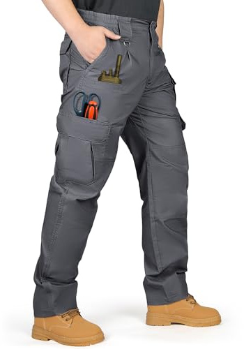 IGOLUMON Arbetsbyxor för män lastbyxor stretch taktiska byxor flera fickor med halvelastisk midja för vandring vardaglig utomhus camping, Grå, 34W x 32L