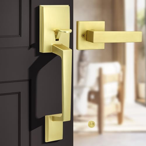 Gaurqiah Gold Front Door Handle Set with Passage Lever, Deadbolt Not Included, Exterior Lower Half Grip Trim, Works with Single Cylinder or Smart Deadbolts, Satin Brass