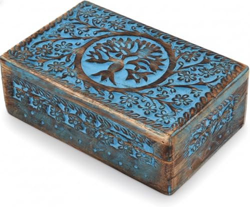 SWACRAFT Wood Tree of Life Keepsake Jewellery Box Organiser Unique Gift Ideas for Men & Women Wooden Jewellery Storage Multipurpose Treasure Box Organizer Travel Keepsake | 8 X 5 X 2.5 Inch (Blue)