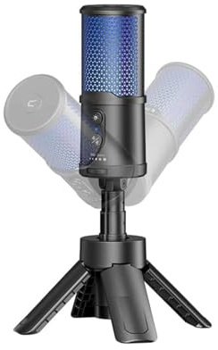 Luocute USB-kondensatormikrofon, Professionell Studioljudkvalitet Realtidsövervakning Gaming Mic med 48kHz 24bit Högupplöst Ljud, AI-brusreducering och RGB-belysning, Hopfällbart