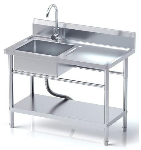 RiveraSink Lavello Inox Autoportante 100×55×80 cm con Piano di Lavoro, Rubinetto 360°, Cestello Filtro e Vasca Grande – Altezza Regolabile, Facile da Pulire – per Cucina, Ristorazione e Giardino