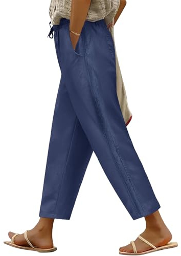 PASUDA Pantalon Femme Été 7/8 Pantacourt Taille Haute Elastique Pantalons Coton Ample Droit Décontractée Fluide Léger Palazzo Pants Chic et Elegant Plage avec Cordon Poches(Bleu Marine,XL)