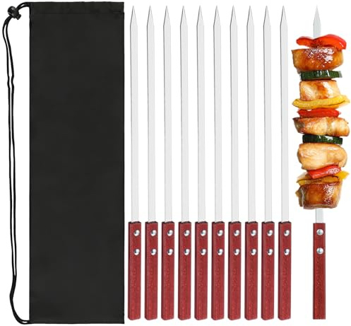 FEMONGY 10 PCS spiedini per barbecue, Kebab Piatto da 35 cm, con Manico in Legno Resistente al Calore, Spiedini per Barbecue Riutilizzabili, Accessori per Griglia con Borsa, Kebab Multiuso