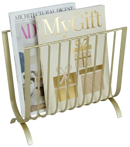 MyGift Brass Metal Mid-Century Wire Magazine Rack – Deluxe Tabletop or Floor Standing Sling Basket for Magazines and Newspapers