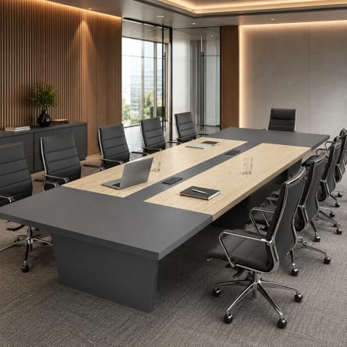 300CM/118 Conference Table Large Boardroom Table with Built-in Outlets | Meeting Table for 8-15 People, Modern Rectangular Office Desk for Training Room & Executive Boardroom