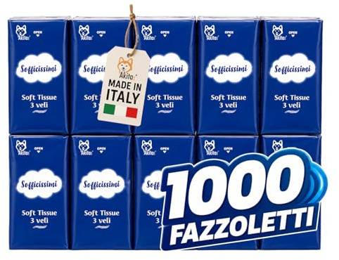 AkitaInk 1000 Fazzoletti Soft Tissue 3 Veli Made in Italy, 10 Confezioni da 10 Pacchetti, Morbidi e Resistenti per Uso Quotidiano