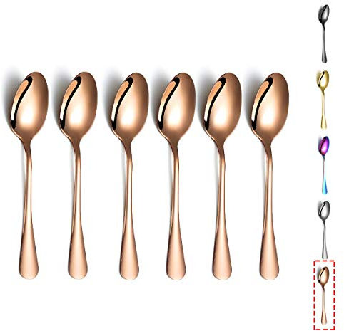 Rose Gold Teaspoons, Kyraton 6 Pieces 14cm Stainless Steel Tea Spoons with Copper Titanium Plating, Ice Cream Spoons, Dessert Spoons, Coffee Spoons, Golden Spoons Silverware Pack of 6