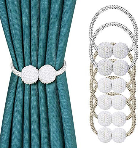 Curtain Tiebacks,WOVTE 6PCS Pearl Ball Magnetic Curtain Tiebacks Pretty and Fashion Curtain Rope Holdbacks for Home, Office, Hotel Window Decoration