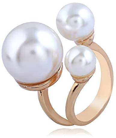 Hebelee 3 Pearls Promise Ring for Women Girls Gold-Toned Statement Expandable Adjustable Big Pearl Ball Open Band Wrap Rings Comfort Fit Engagement Wedding Jewelry Size 7-9