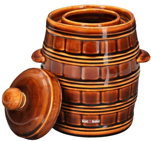 KOTARBAU® Barril de gres con ranura/canal para agua y tapa, 3,2 L, Marrón, Jarrón de Barro, Recipiente de cerámica con Asas, Olla de Cocina para fermentación, Tarro para fermentar chucrut, kimchee
