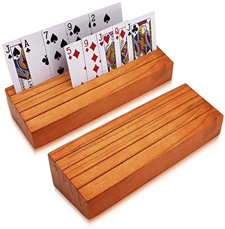 Iswabard Wooden Card Holders for Playing Cards Holder Stand Wood Playing Card Holder for Kids Canasta Holder for Adults Seniors Card Deck Crowns Uno Games Set of 2(Orange)