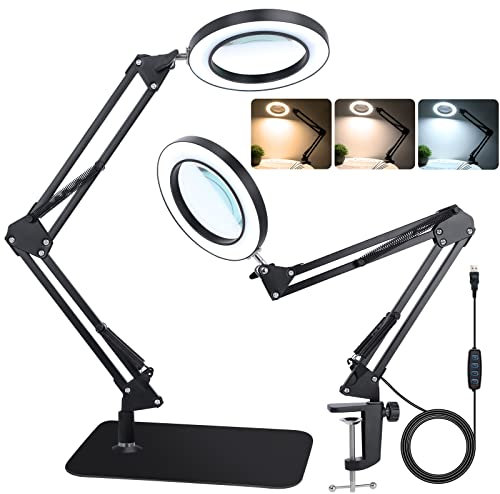 NZQXJXZ Upgraded 2-in-1 Magnifying Glass with Light and Stand, 10X Real Glass Magnifying Lamp with Stand 3 Color Modes 10 Stepless Dimmable Desk Magnifier for Close Work, Jewelry, Reading, Hobby