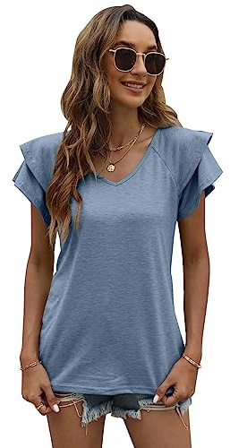 QKEPCY T Shirt Donna Estive Sbuffo Maniche Corte con Scollo a V e Balze Manica Corta Magliette Donna Elegante Rilassato Bluse e Camicie da Donna (Blu M)