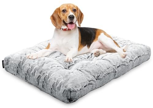 blunique Large Dog Bed Washable, Waterproof Dog Crate Mat, Non-Slip Bottom, Faux Fur Soft Pet Beds Pillow Cushion for Dogs & Cats, Grey L