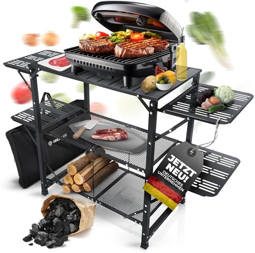 GRILLMATE Grilltisch Outdoor Wetterfest Klappbar | Grill Beistelltisch, Tisch für Grill, Balkon, Camping, Garten | Campingküche faltbar aus Aluminium Rostresistent [50kg Belastbar] inkl. Tragetasche