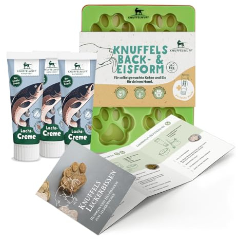 Knuffelwuff Juego de galletas para perros y helados para perros con 3 moldes de silicona, recetas y aperitivo de tubo de salmón - Resistencia al calor de -40 °C hasta 220 °C - Perfecto para