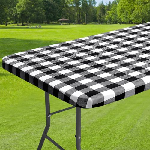 Dremisland Mantel Cuadros Vichy Blanco y Negro 76x183 cm Mantel Mesa Rectangular Antimanchas con Respaldo de Franela Plástico Protectores de Mesa con Borde Elástico para Fiestas de Campamento