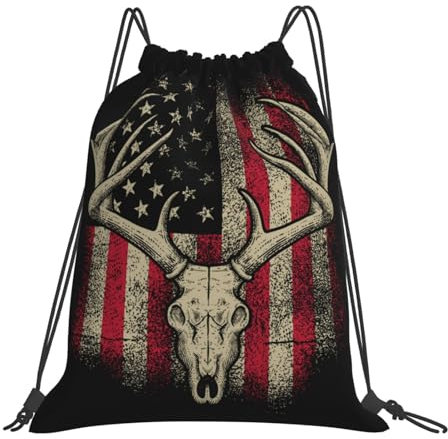 Zhimahou Turnbeutel mit Kordelzug, lustiger Jäger, amerikanische Flagge, Reh, Sportrucksack, String, Schwimmen, Kordelzugbeutel für Damen und Herren, wasserdicht, Reisen, Strand, Schultasche, Rucksack