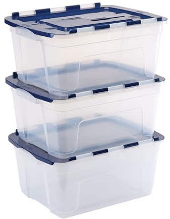 Bankers Box Cajas de almacenamiento de plástico 45L, Pack de 3, polipropileno sin BPA, tapas 100% recicladas, apilables y encajables, tapa con dos aberturas, 28x43x59cm, para el hogar y la oficina