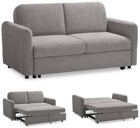 EVERGREENWEB Divano Letto 2 Posti Matrimoniale L165xP90xA80 cm, Morbido Tessuto Beige, Schienale Reclinabile a Doppio Cuscino, Sofà con Chaise Longue Estraibile, Struttura Rinforzata Pieghevole, NELLY