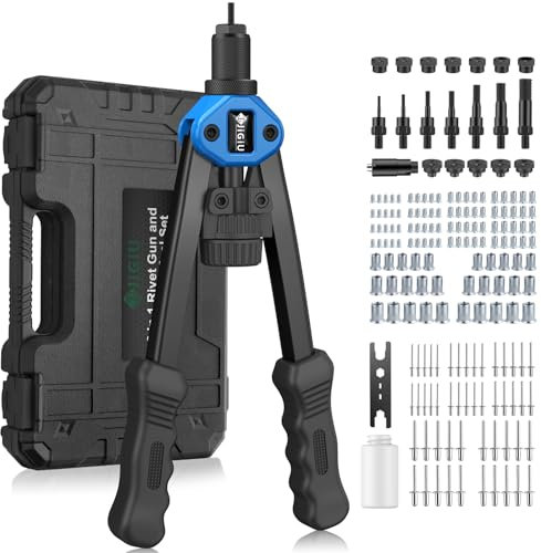 JiGiU Remachadora de Tuerca y Pistola de Remachador 2 en 1, Juego de Alicates para Remachar con M3 M4 M5 M6 M8 M10 M12 y 5 Cabezas Remachables 3.2 4.0 4.8 6.0 6.4mm con 110 Tuercas y 50 Remaches-Azul