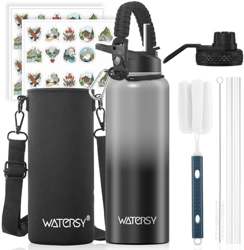 WATERSY Vakuumisolerad vattenflaska i rostfritt stål 1200 ml, drycksflaska i metall 40 oz med 2 lock läckagesäkert (sugrörslock och utgjutningslock) håller dryckerna kalla i 48 timmar för sport