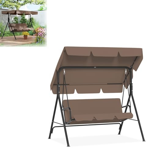 LILIIN Hollywoodgunga trädgårdsgunga, 3-sitsig med soltak, kan belastas upp till 200 kg, väderbeständig gungbänk med komfortkudde och halkskyddsfötter, brun/176 x 110 x 152 cm