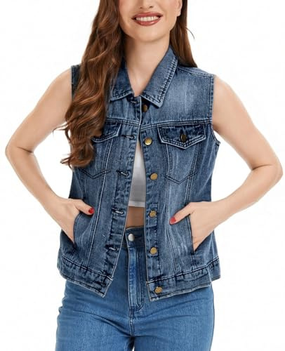 Ellunis Women's Denim Vest Button Down Jacket W Chest Flap Pockets 2025 Washed Distressed Sleeveless Jean Jacket