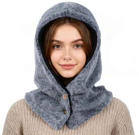 TAGVO Unisex Hooded Scarf Hat 2-in-1 Windproof Fleece Lined Balaclava Thermal Plush Neck Warmer for Men & Women Black