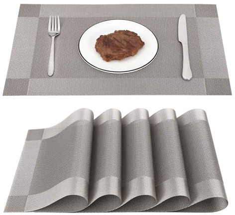 Manteles Individuales Lavables 6 Pcs Salvamanteles Individuales en PVC y Poliéster, Mantel Individual Resistentes al Calor y Antideslizantes para Mesa de Cocina y Restaurantes Gris 45 x 30cm