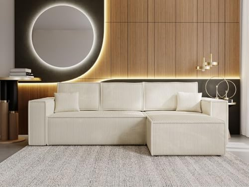 GRAINGOLD Prato XL Canapé d’Angle en L 280x170 cm, Velours côtelé, Convertible et Réversible, avec Coffre de Rangement et Fonction Lit, 4 Places Spacieuses, Style Moderne et Elegant (Beige)