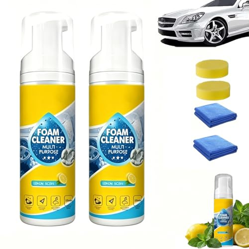 2 Pezzi Detergente Schiumogeno Multiuso per Auto e Casa - Spray Pulitore a Secco per Interni Auto, Sedili in Pelle, Divani e Scarpe - Smacchiatore Rapido senza Risciacquo con Spugna e Panno