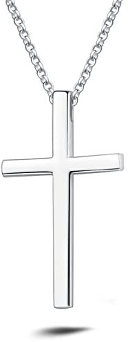 Carleen Solide 925 Sterling Silber Weiß Vergoldet MittelGroße Kreuz Anhänger mit Kette Schmuck für Herren Jungs Kinder - Kettenlänge: 60 cm
