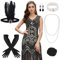 FEPITO 1920er V-Ausschnitt Pailletten Perlen Fransenkleid mit 20er Accessoires Set(Black and Gold（Style 2）, Large)