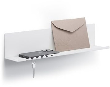 byde Helke - Mensola da Parete, 44 x 9 x 9 cm, 5 Ganci e Porta Cavi, In Lamiera di Acciaio Verniciato a Polvere, Organizer per Chiavi e Lettere per Ingresso, Corridoio, Cucina, Ufficio, Colore Bianco