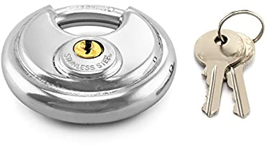 QWROK 70mm Vorhängeschloss mit Edelstahlschäkel Disc Schloss Edelstahl Rostfrei wetterfest Rund mit 2 Schlüssel, 1 Stück
